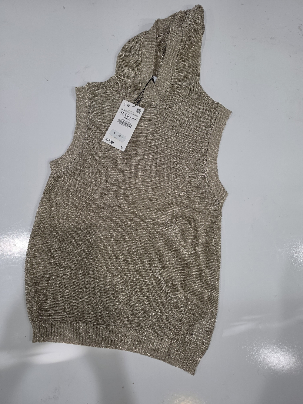Nwt Zara M Sleeveless Light Hooded Knit Sweater Vest in Metallic Taupe Glam